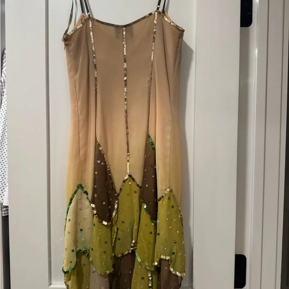 VINTAGE HEATHERETTE 100% silk Green and Brown Sequin Dress - Picture 4 of 9